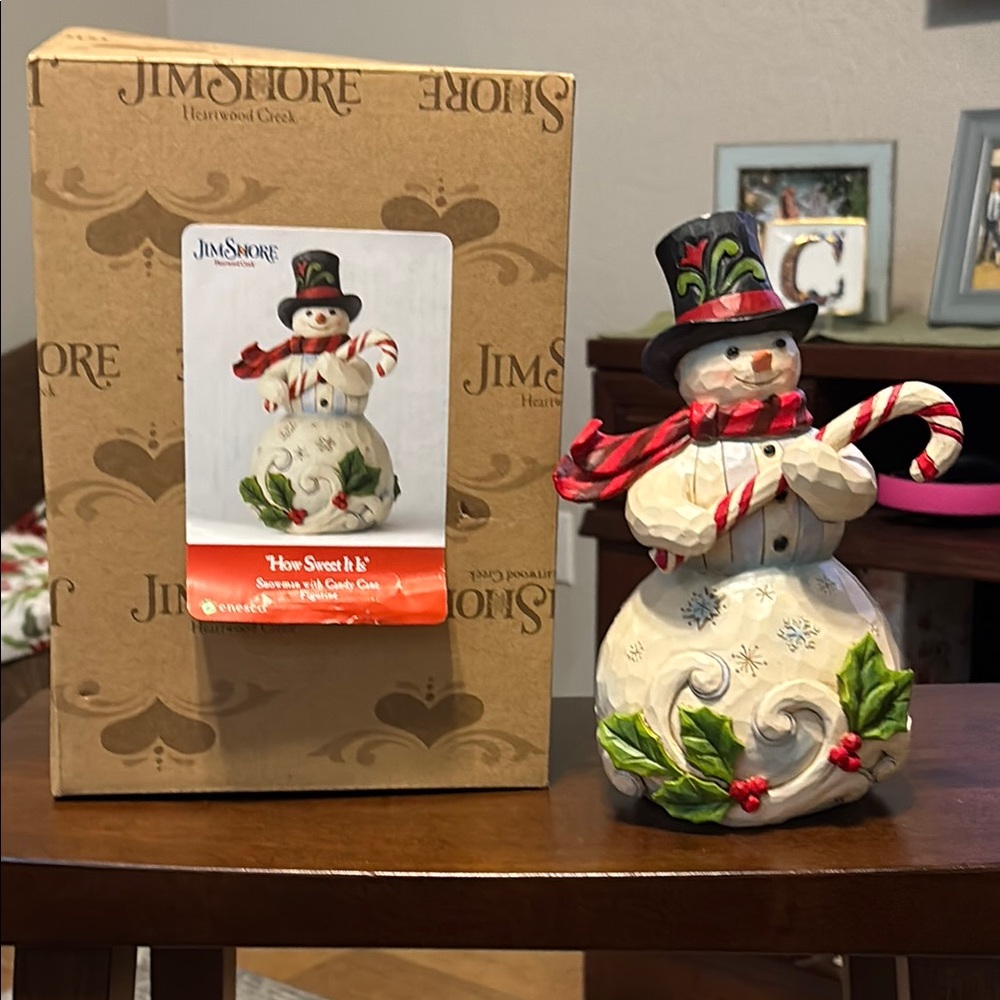 Jim Shore Festive Snowman with Candy Cane and Holly
